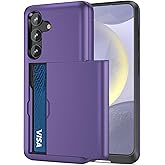 Jiunai for Samsung S25 S24 Case with Card Holder Wallet Pocket Credit Card License IDs Dual Layer Protective Rugged Shell TPU Edge Slide Wallet Phone Case for Samsung Galaxy S24 S25 6.2'' Purple