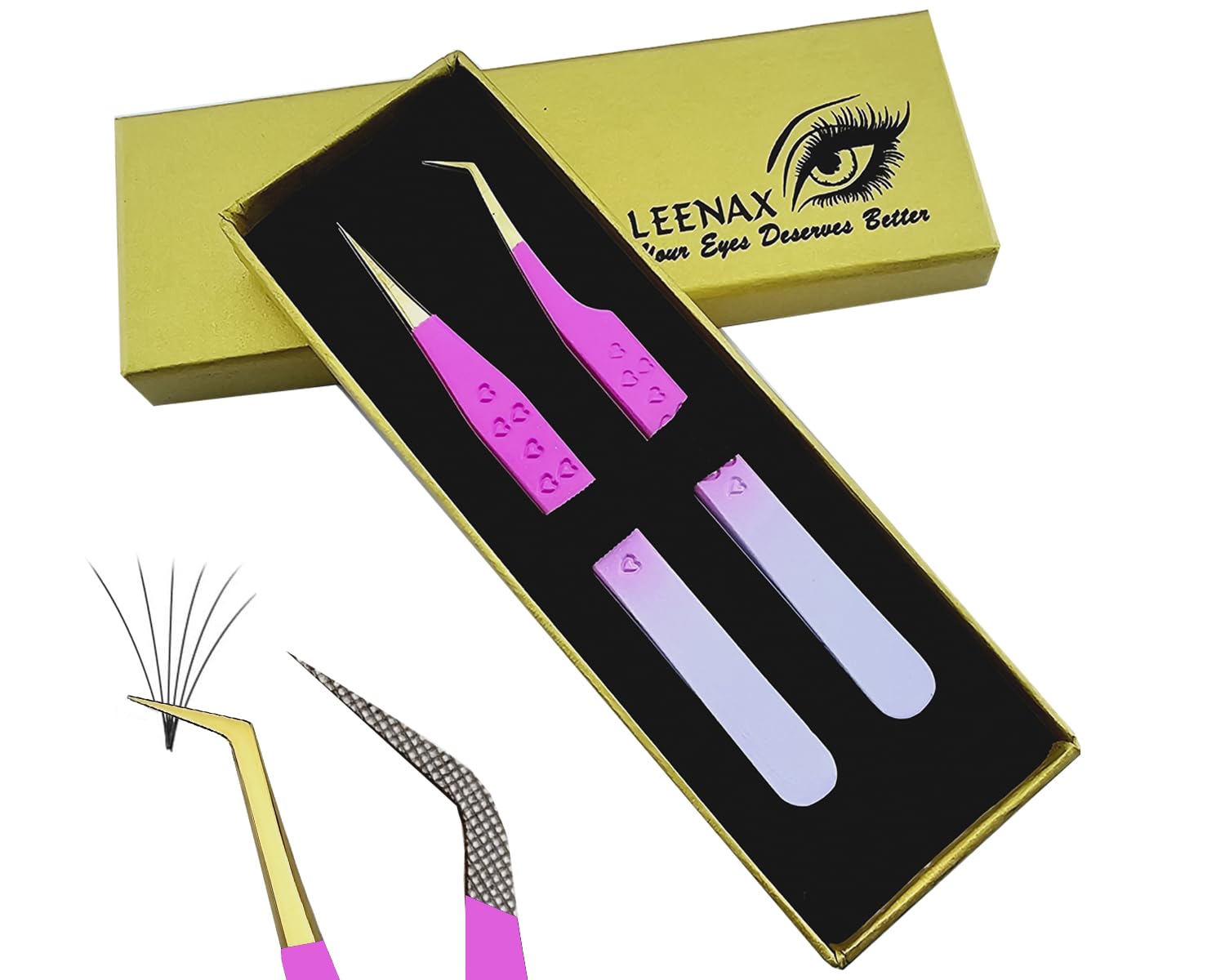Leenax 2 Pieces Fiber Tip (Anti – Slip) Eyelash Extension Tweezers, Straight and 45-Degree Volume Tweezers, Japanese Stainless Steel, Hearts Design (Pink Tulip)