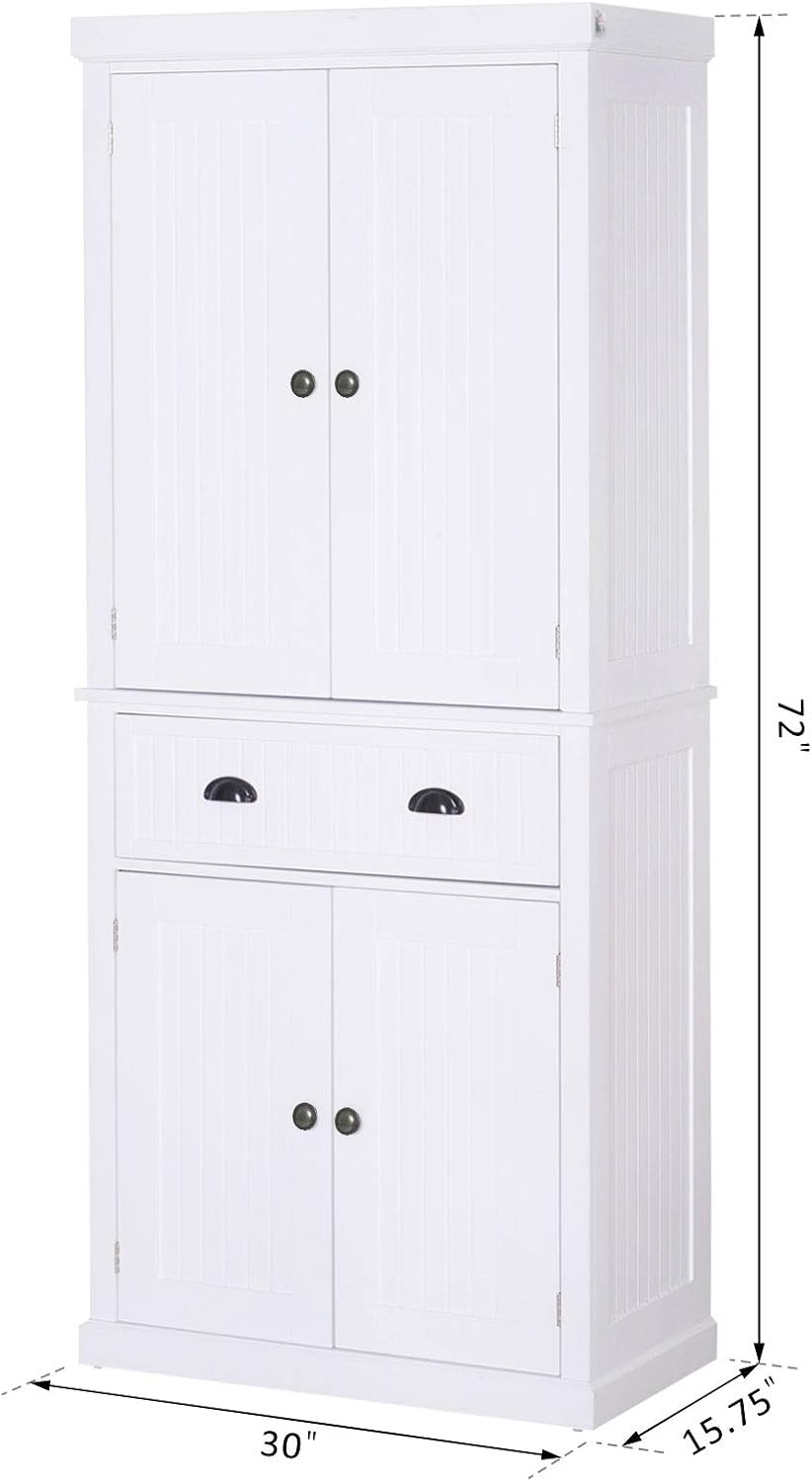 HOMCOM 72" Traditional Colonial Kitchen Pantry Cabinet with 2 Large Storage Areas, Drawer, and Adjustable Shelves, White: Furniture & Decor