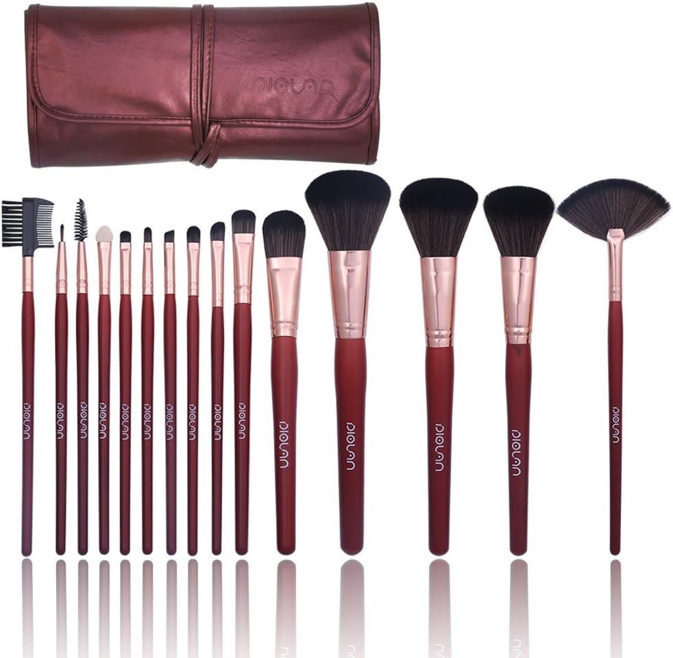 DIOLAN 15 PCs Makeup Brushes Set for Foundation Blending Blush Eyeliner Face Eye Shadow with Synthetic Fiber Bristles & Wooden Handles, Includes Wine Red Travel Bag