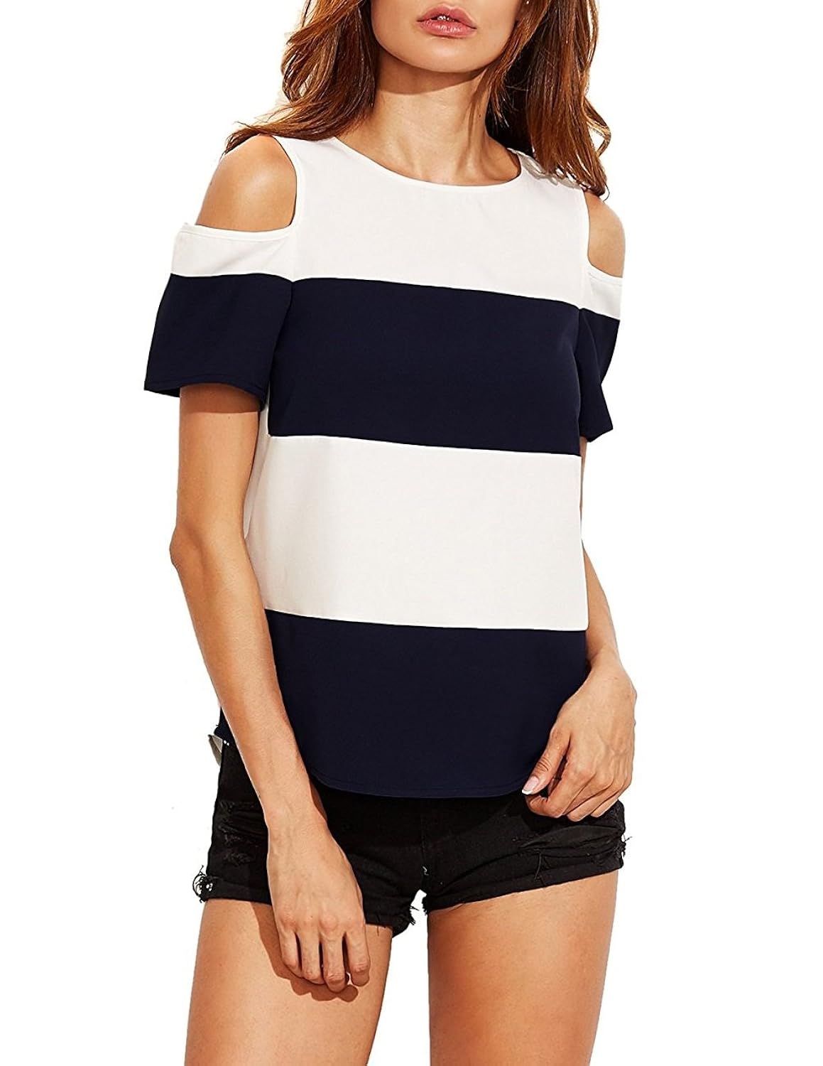 fashmind women's white blue cold shoulder up and down tshirts with round neck