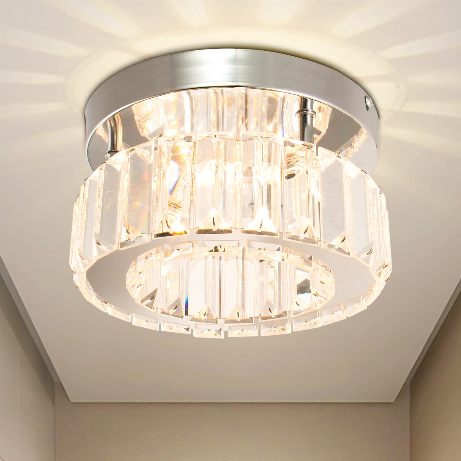 diisunbihuo Mini Crystal Chandelier Big Crystal Ceiling Lamp Round LED Pendant Light for Hallway Stairecase (Warm White)