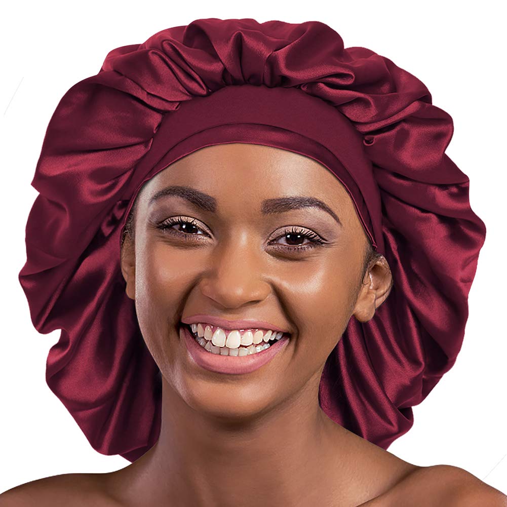 Alnorm Silk Satin Bonnet Sleep Cap Extra Large for Braids Locs Curls Hair Wine Red — image 1