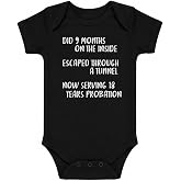 CBTwear Did 9 Months Escaped Through a Tunnel Funny Baby Bodysuit | Funny nine-month arrival joke for newborn announcements, welcome-home celebrations, visits, and photos