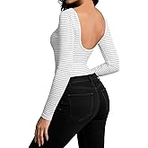 Athlemo Long Sleeve Backless Black Bodysuit Stripe Tops Shirts Open Back Slim Fit Croop Neck Going Out Sexy Basic Tops