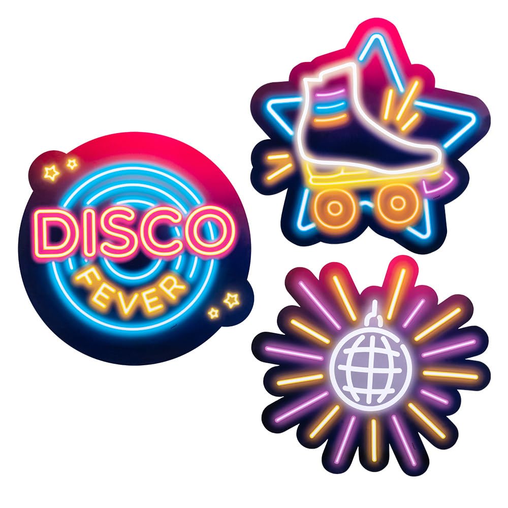 Boland 00756 - Cardboard Decorations Disco Fever, Pack of 3, Size 29 x 30 cm, Roller Skates, Disco Ball, Cardboard, Decoration, Wall Decoration, Theme Party, Disco, Birthday, Carnival