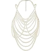 Christmas Pearls Body Chain Bra Sexy Shawl Necklace Pearl Tops Halter Shoulder Chain Beaded Backless Chest Chains Rave Body Jewelry Festival Party Summer Beach Adjustable (White 11 lines)
