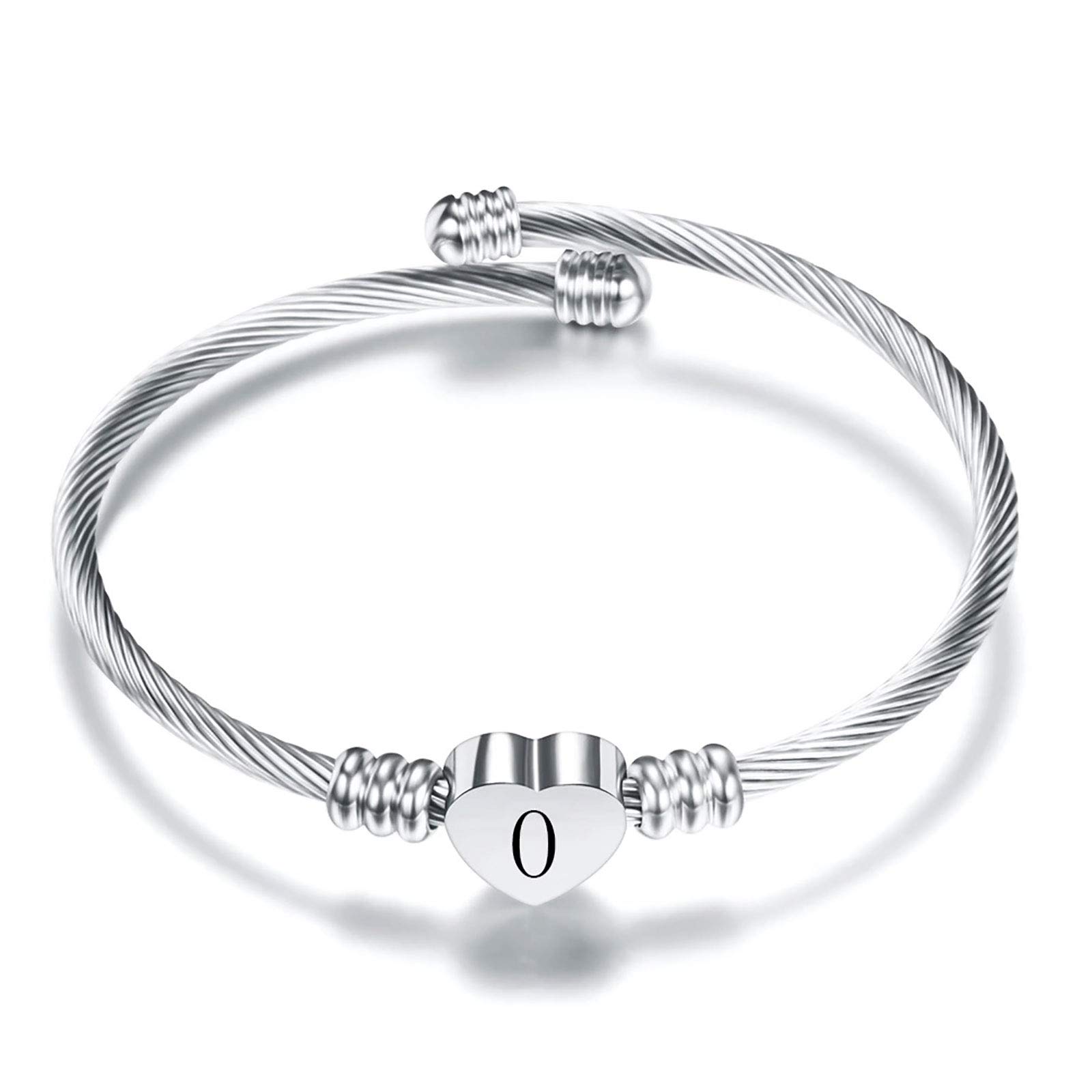 KunBead Jewelry Women Girls Grandma Initial Letter O Cuff Bracelet Silver Alphabet Heart Bangle Bracelets Gift for Birthday