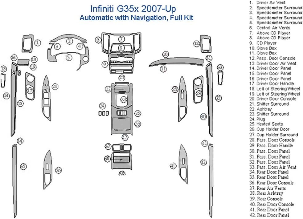 Infiniti G35x Full Dash Trim Kit, Automatic, With Navigation - Japanese Cherry Wood