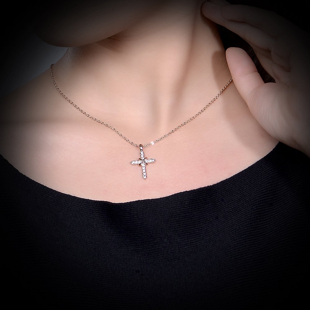 dnswez 14k Rose Gold Plated Crystal Cross Pendant Necklace 18\