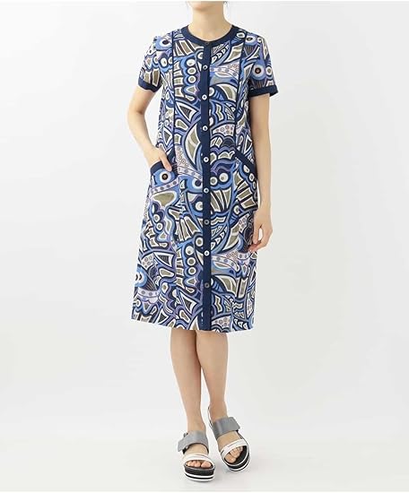 Amazon ヒロコビス Hiroko Bis 洗える キュビズムプリントドレス Rbehc L ネイビー ワンピース チュニック 通販