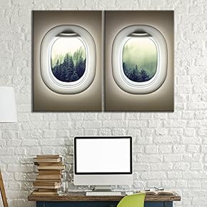 2 Panel Canvas Wall Art - Brown Plane Window Seat Misty Green Forest - Giclee Print Gallery Wrap Modern Home Art Ready to Hang - 16"x24" x 2 Panels