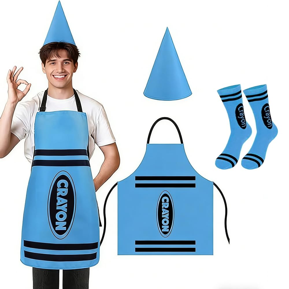 CYZTD Crayon Costume Adult Set,Orange Crayon Fancy Dress with Apron,Cone Hat & Socks,World Book Day Costumes for Women Men,Halloween Cosplay Outfit for Themed Parties,Christmas,Book Week (Blue)