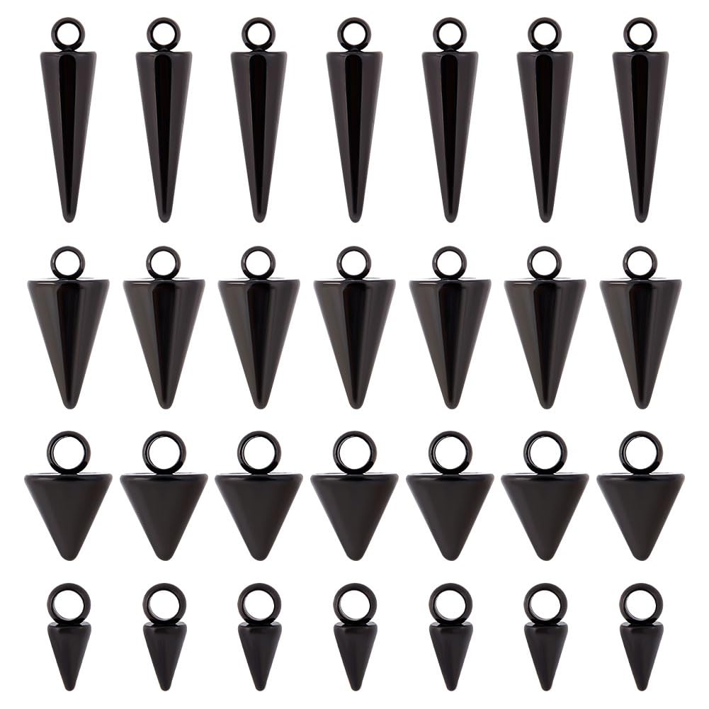 UNICRAFTALE 32pcs Black Stainless Steel Cone Charm 4 Styles Punk Style Charm Spike Pendants Dangle Charm for DIY Necklace Earring Bracelet Jewelry Making