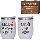 Mr. and Mrs. Right Wine Tumbler Set with Wooden Gift Box, Insulated Stainless Steel, EST. 2025 Wedding Gift (White(MR)&White (MRS))