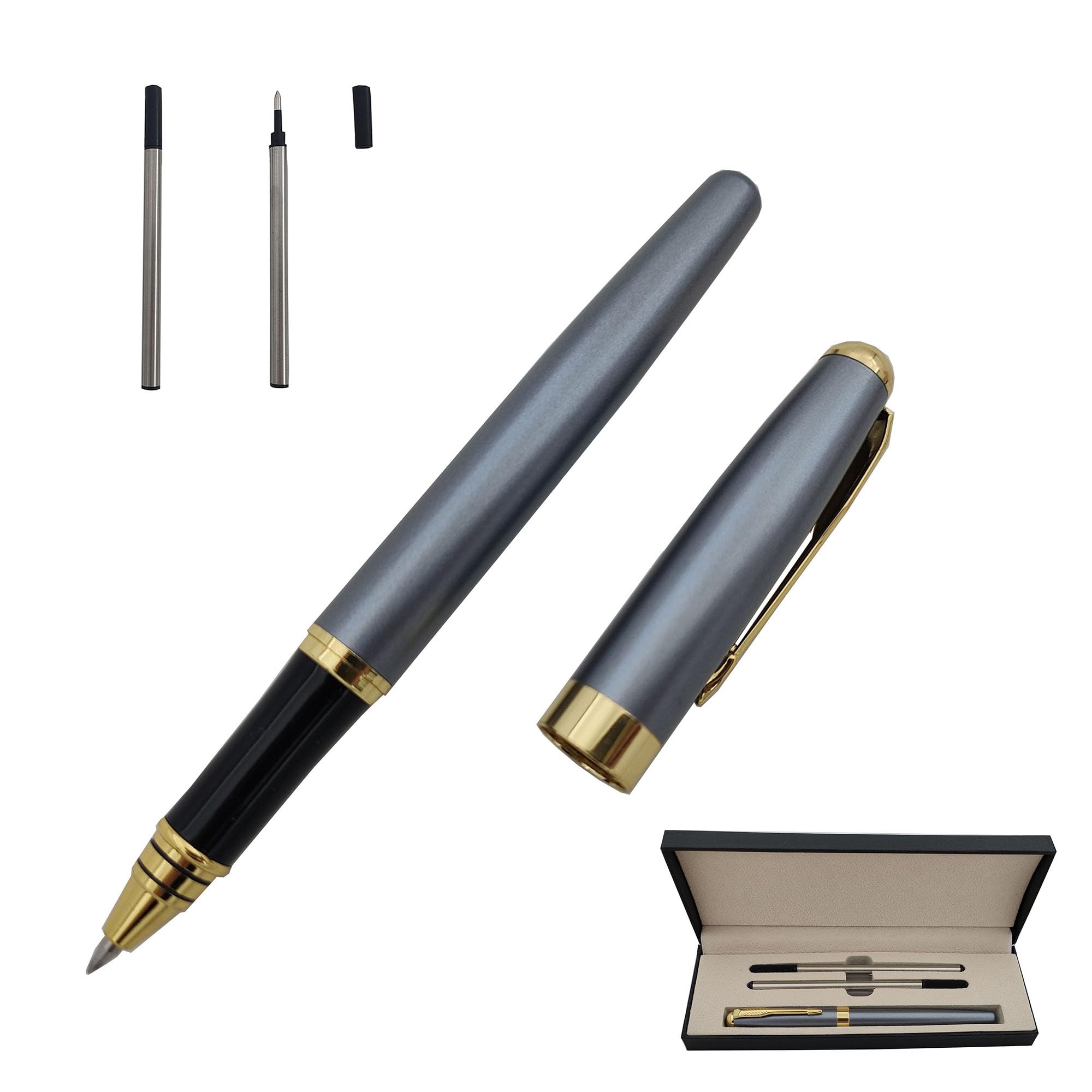 Accod Comfortable Grip Metal Rollerball Pen Office Ballpoint Pen Liquid Ink Rollerball Pen with Two 0.5mm Replacement Black Refills Nice for Friends and Family (Grey)