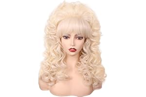 FantaLook 80s Long Curly Vintage Cosplay Wig with Bang for Women 60 70s Queen Costume for Halloween Party (Blonde)