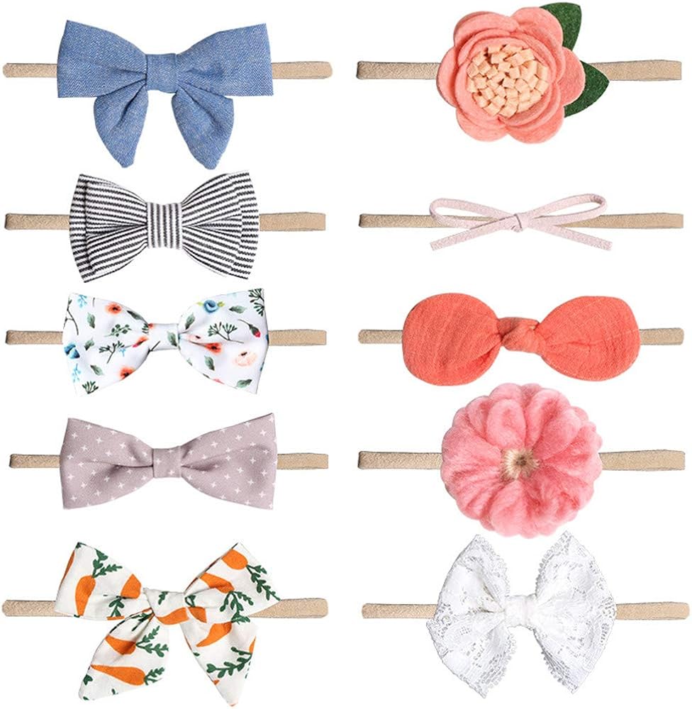 Trayosin 10 Pack Different Style Baby Girl Headbands and Bows,Newborn Infant Toddler Nylon Hair Accessories