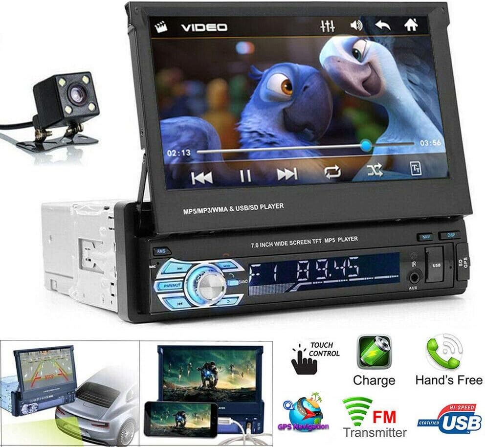MASO Single Din Car Stereo MP5 Player 7 inch Retractable Touch Screen and Rear View Camera Support 1080P USB Port Bluetooth AUX FM/AM Radio