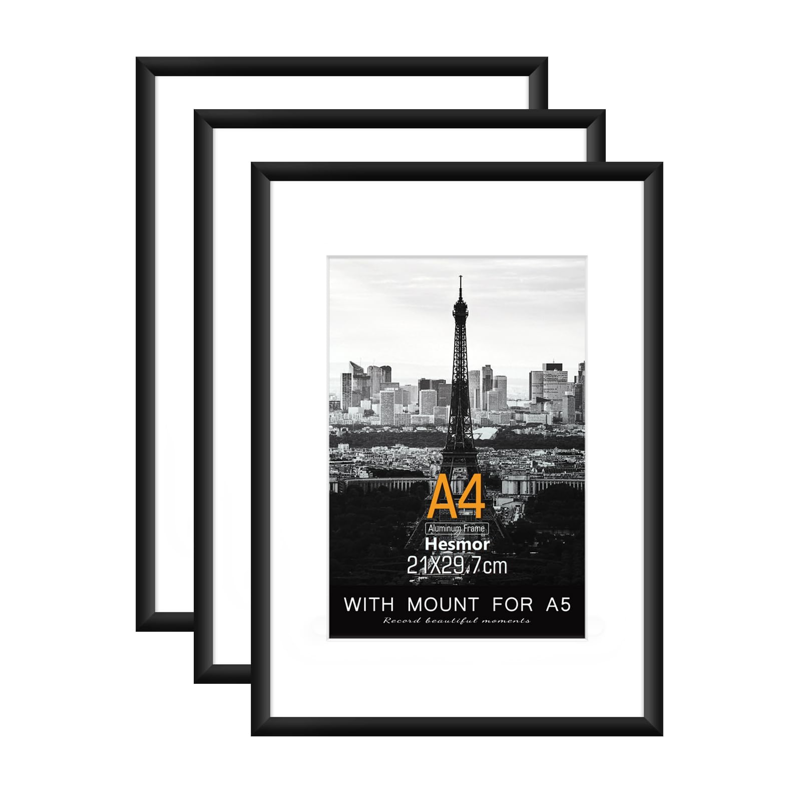 Hesmor A4 Aluminum Acrylic Picture Frame Black - 8 x 12 inch Certificate Frames, Set of 3 A4 Poster Frames with Mount for A5 Prints, Table Top and Wall Mounting Options