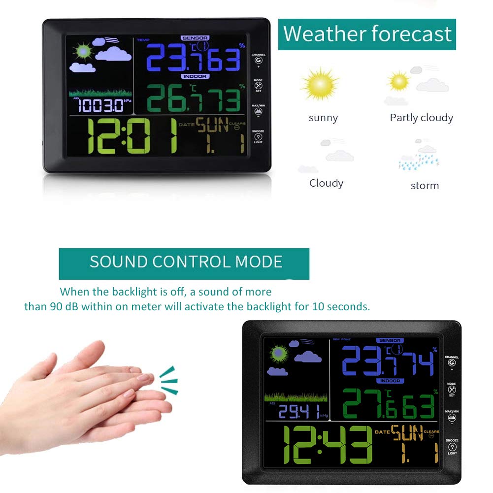 YZmoffer Wireless Color Weather Forecast Station Monitoring Indoor Outdoor Temperature and Humidity Touch Control, Digital Weather Clock Voice-Activated, Wireless Outdoor Sensor (Black)