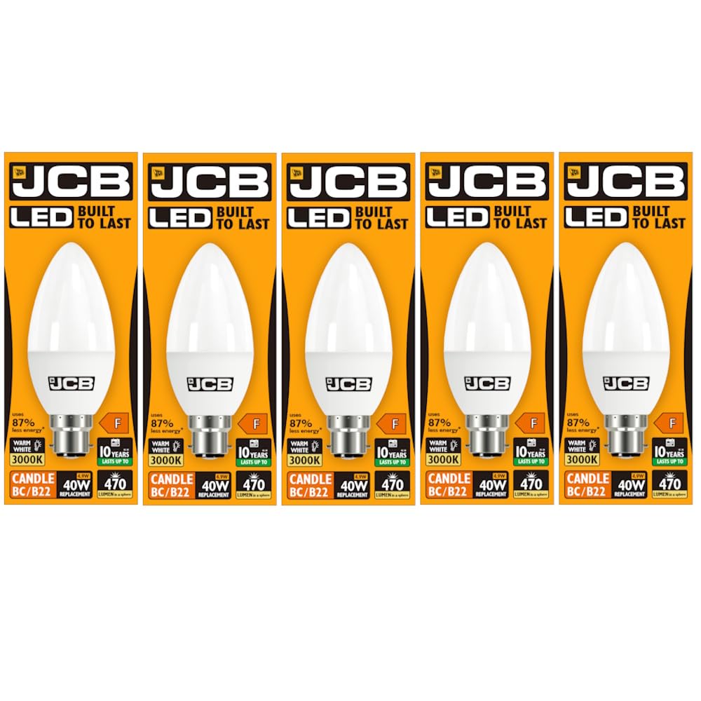 JCB 6w LED B22 Candle Bulbs Bayonet, 40w Incandescent Bulb Equivalent, 470lm, Warm White 3000k, Non Dimmable, LED Bayonet Bulb Candle Light Bulbs, 220-240v. Packs of 5 Units