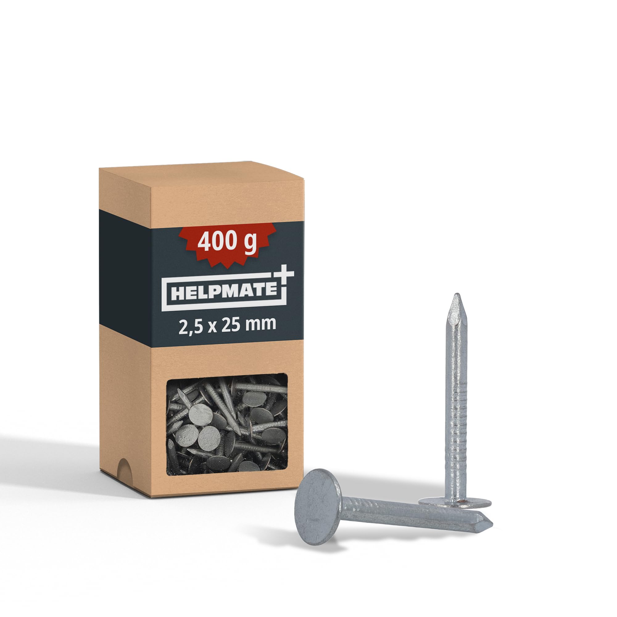 HELPMATE Roofing Felt Nails 2.5 x 25 mm Mechanical Galvanised - 400 g Roofing Felt Pins Type B - Roofing Felt Nails DIN 1160 B - Roofing Nails Ideal for Roofing Felt, Plastic Tarpaulins & Slate Panels