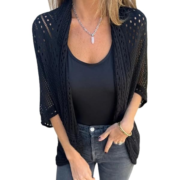 Hollow Half Sleeve Cardigan, Lightweight Hollow Knit Half