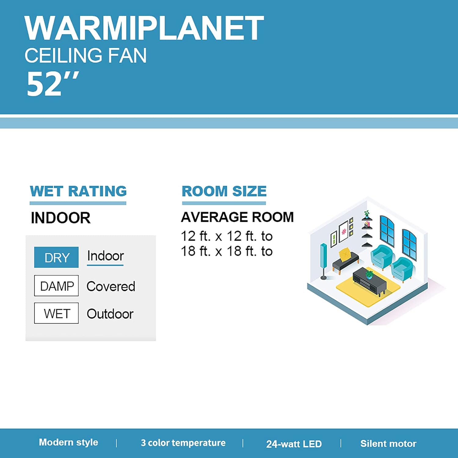 Warmiplanet Ceiling Fan with LED Light and Remote Control, 52 Inch, Brushed Nickel (4-Blades): Kitchen & Dining