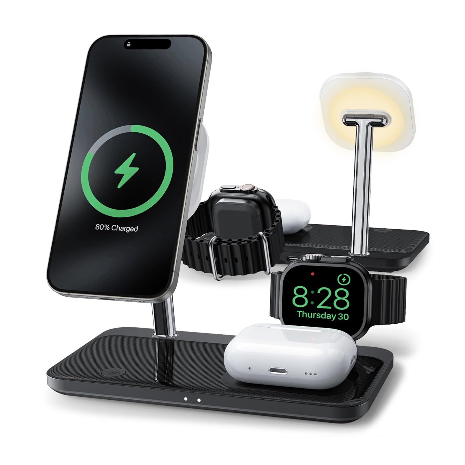 Photo 1 of Wireless Charging Station for iPhone 16/15/14/13/12 Series, 4 in 1 Mag-Safe Charging Stand for Multiple Apple Watch Series 9-1/Ultra/SE&Airpods 4/3/2/Pro, Magnetic Wireless Charger with Night-Lamp