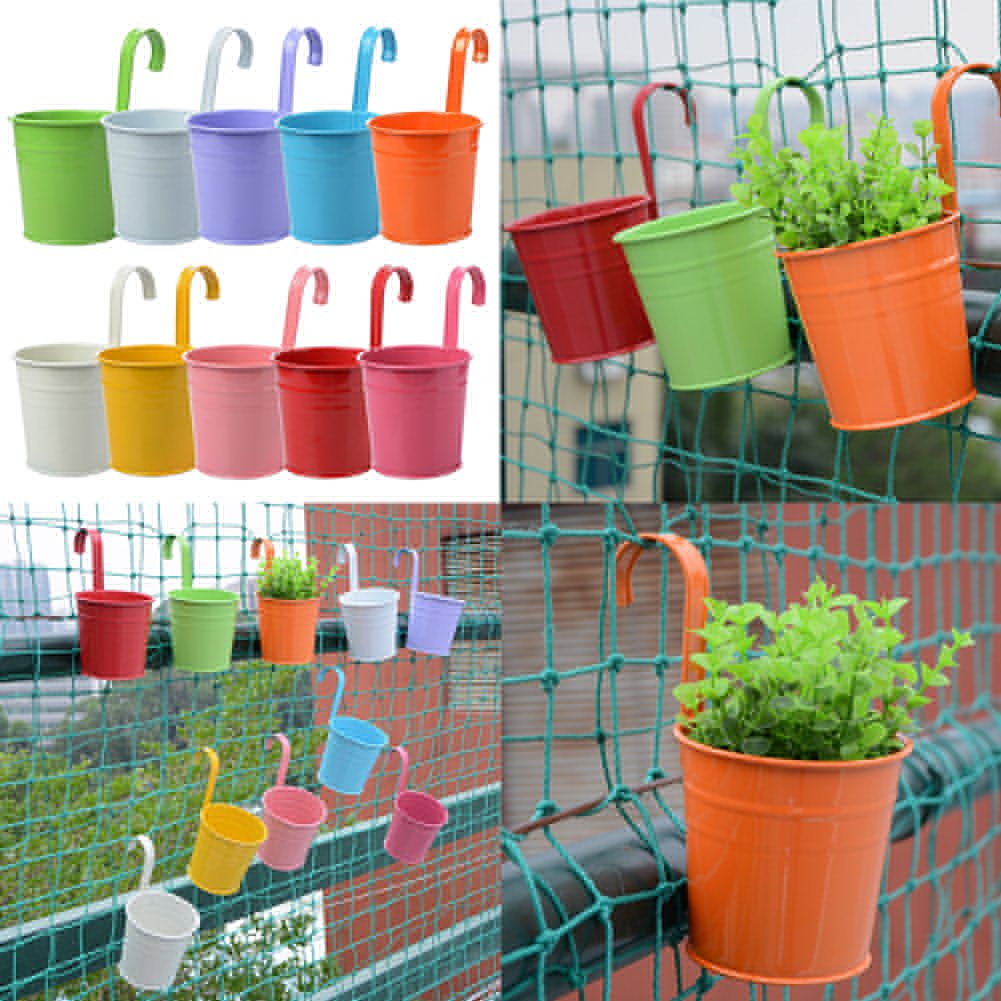 Uthome 10 Pcs metal hanging flower pots Iron Bucket Flower Holders,Sand bucket,flower pots outdoor,Balcony Garden Pots Wall Planters Home Decor (Incidental 3 pcs Plant Support)