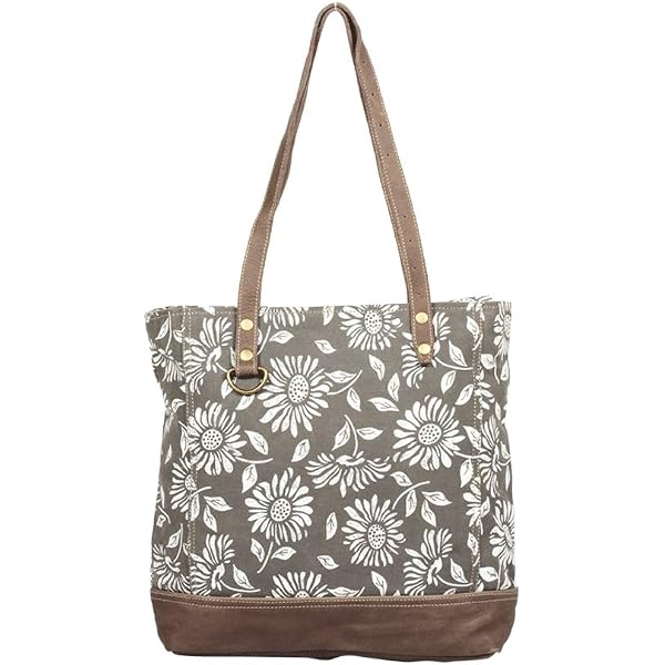 Myra Bags Navy Blue Vintage Carvings Print Upcycled Canvas & Leather Trim Handbag – Lightweight Shoulder Bag