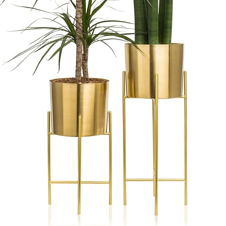 Kimisty Set 2 Modern Mid Century Brass Gold Planters with Stand, 7 Inch Large Planter Pots with Metal Stands, Flower Pot Living Room Decor for Orchid, Aloe, Large Cactus Plants, 16 and 20 Inch Tall