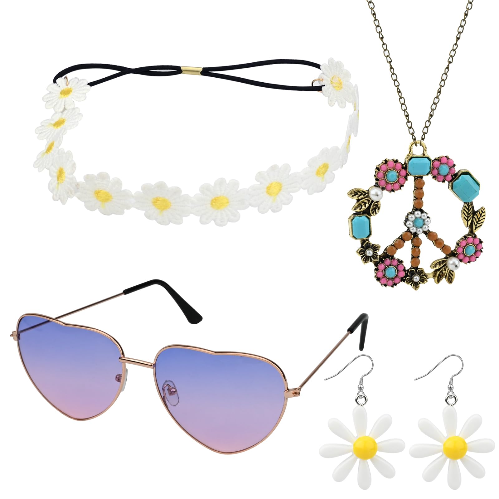 Hileyu Hippie Women Accessories Set 4Pcs 70s Fancy Dress for Women Including Vintage Hippie Glasses Flower Crown Headband Peace Sign Necklace Earrings for Men Women 60s 70s Party Supplies (Set 2)