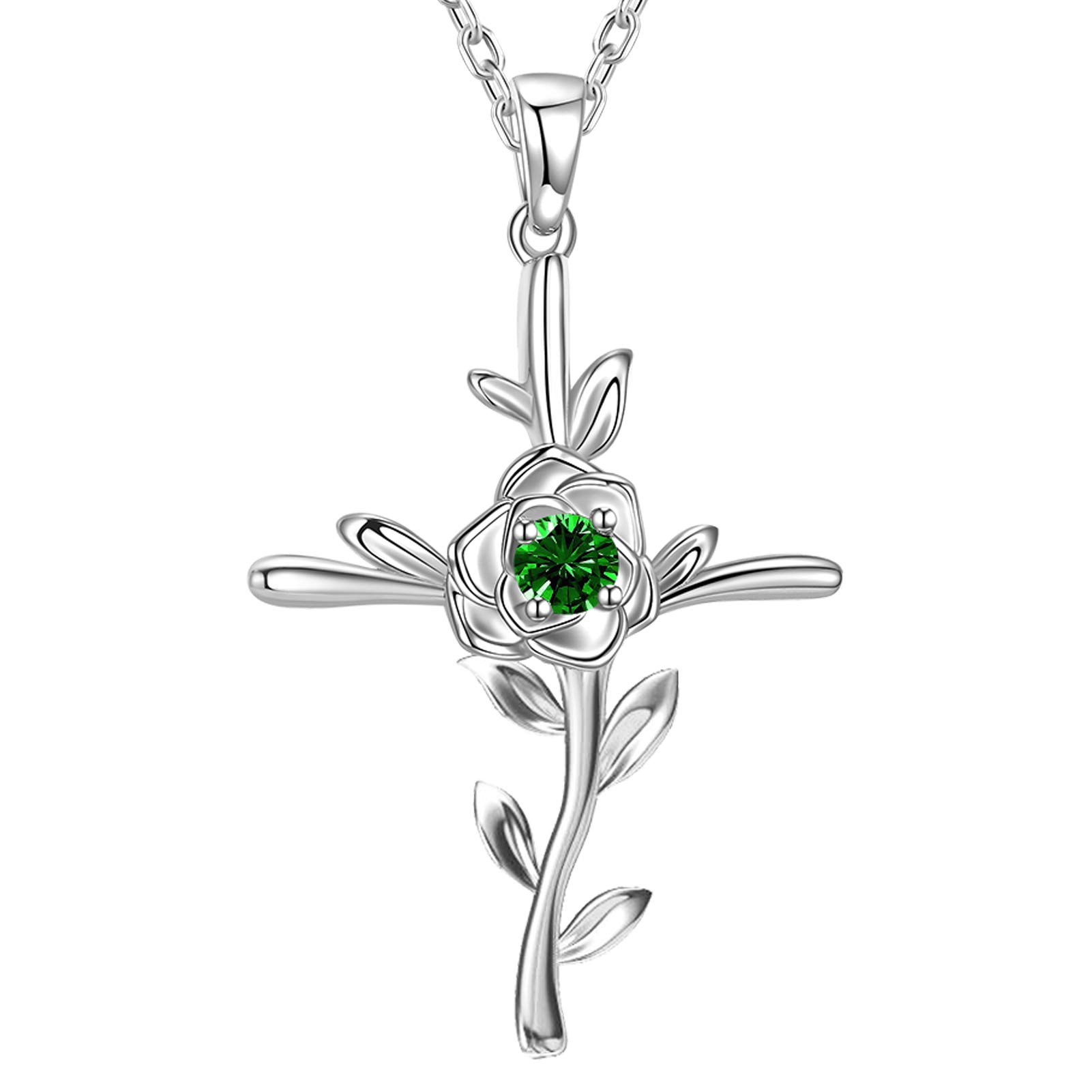GinoMay Mothers Day Necklace Gifts Birthday Women May Birthstone Jewellery Emerald Mum Wife Love Rose Flower Hope Leaves Necklace Sterling Silver