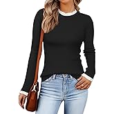ZESICA Womens Long Sleeve Ruffle Sweaters 2026 Spring Crewneck Color Block Slim Fit Basic Casual Knit Pullover Sweater Tops