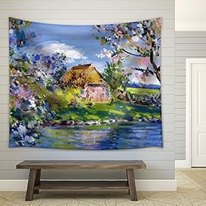 Spring Motif Painting, Landscape in Lower Saxony - Oil Paints on Acrylics - Fabric Wall Tapestry Home Decor - 51x60 inches