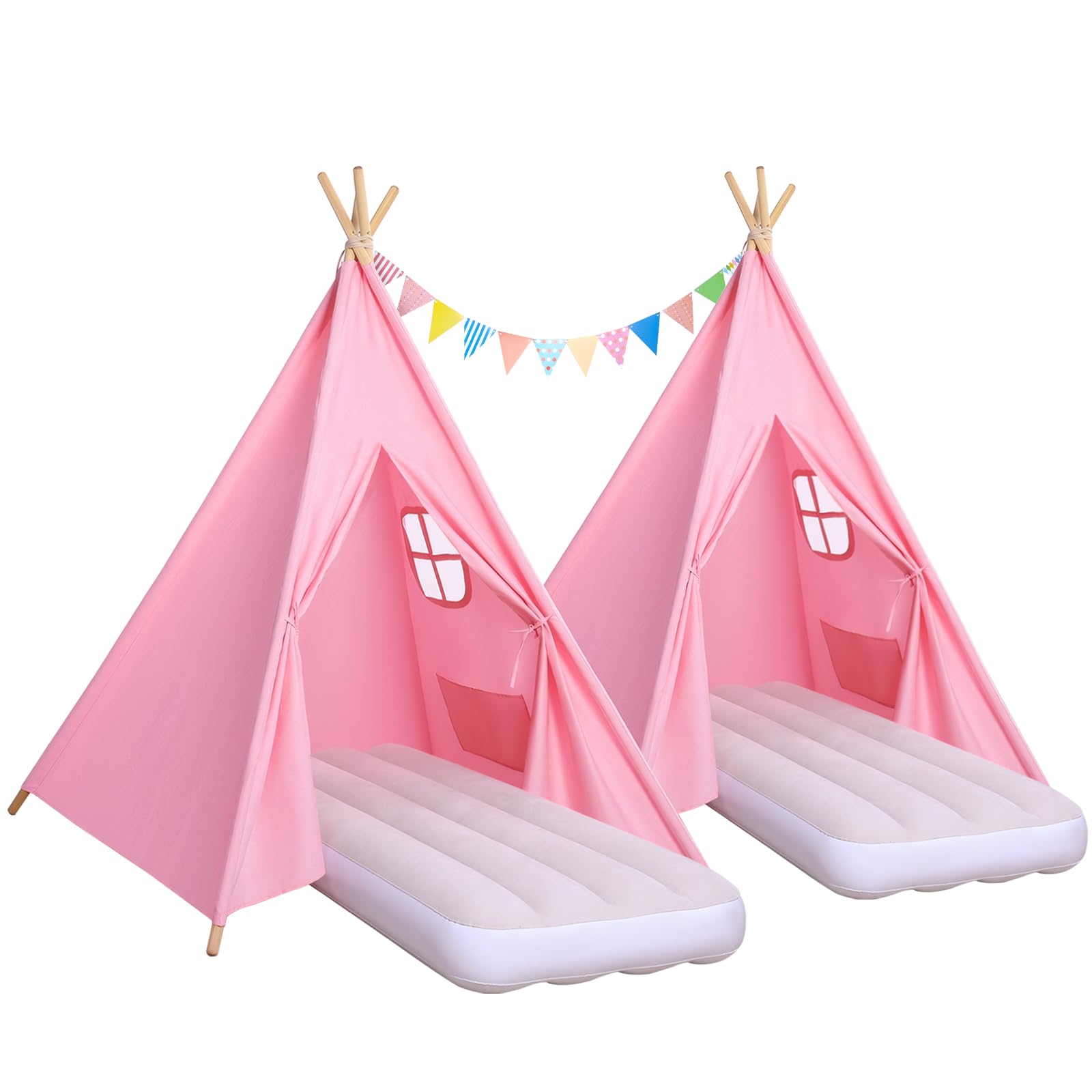 Photo 1 of Wilwolfer Pink Sleepover Teepee Tent for Kids-2 Pack Tipi Playhouse for Kids with Lights& Flag& Inflatable Airbed -Indoor/Outdoor Foldable- Slumber Party Tent -Sleepover Party Supplies