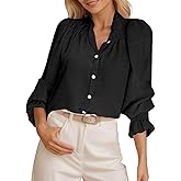 Tankaneo Womens Puff Long Sleeve Button Down Shirts Ruffle Mock Neck Blouses Dressy Casual Loose Fit Tops