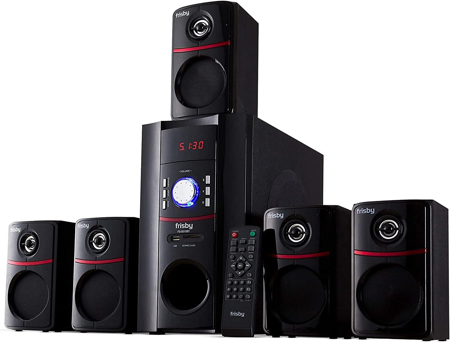 Frisby Home Theater 5.1 Surround Sound System with Subwoofer, Bluetooth Wireless Streaming from Devices, SD Media Reader, Remote Control