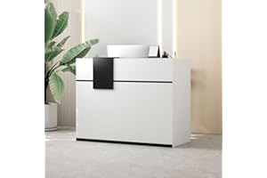 MOUMON Reception Desk with Counter Front Desk Reception Counter with Moveable Shelves, Lockable Drawer and Black Tapes, for Lobby Salon White (55.1”W x 23.6”D x 43.3”H)