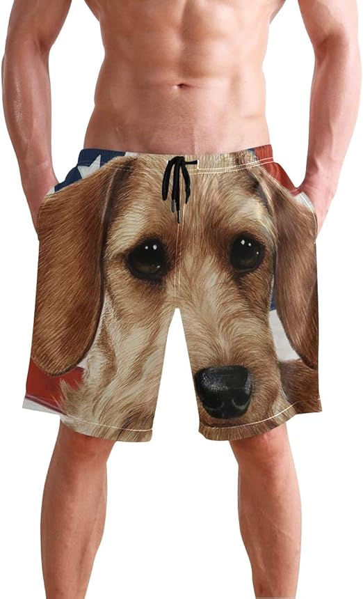 ILEEY Men's Patriotic Dachshund Dog Board Shorts Quick Dry Swim Trunks Beach Swimwear