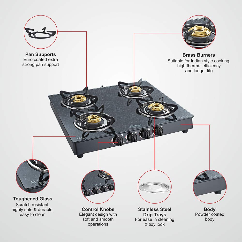 Crystal Glass Top 4 Burner Manual Ignition Gas Stove Sunflame Best