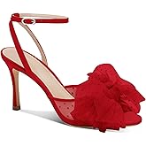 Coutgo Womens Bow Tie Heels Sandals Slingback Peep Toe Wedding Heels Mesh High Stiletto Heel Summer Cute Wedding Bridal Shoes