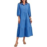 Wenrine Womens Casual Button Shirt Dress V Neck 3/5 Sleeve Tiered Collared Flowy Maxi Dress Blue
