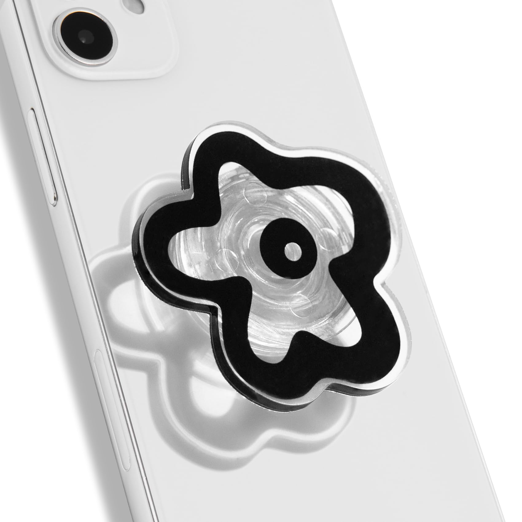 Photo 1 of OnTheGrip Cute Transparent Daisy Flower Shape Design Mobile Phone Grip Multi Functional Collapsible Stand Holder for Smartphone Tablet Cell Phone Accessory (Black)