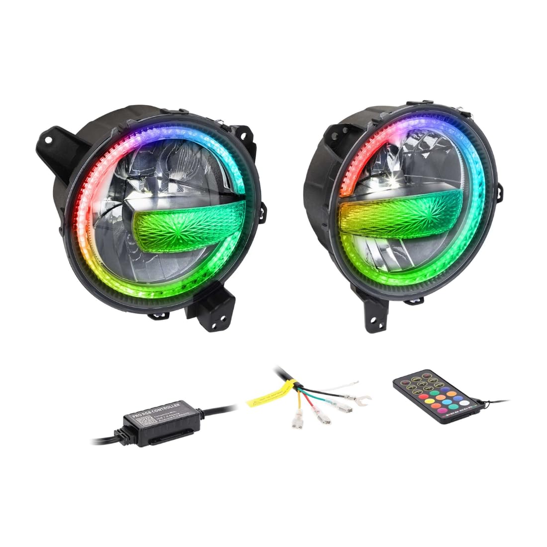 Photo 1 of ***PLASTIC COVER INSIDE ONE LIGHT IS OFF AS IN PICTURES***Metra - 9" Premium Chasing LED Headlights - Fits select Jeeps® (JP-901RGBKT)***PLASTIC COVER INSIDE ONE LIGHT IS OFF AS IN PICTURES***