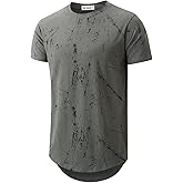 KLIEGOU Mens Hipster Hip Hop Ripped Round Hemline Pattern Print T Shirt