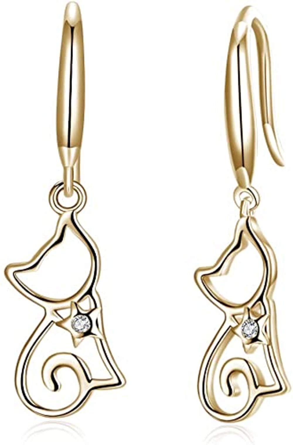 Dainty Sterling Silver Cute Cat CZ Dangle Drop Earrings for Women Teen Girls Sensitive Ears Tiny Crystal Elegant Dangling Hypoallergenic (gold)