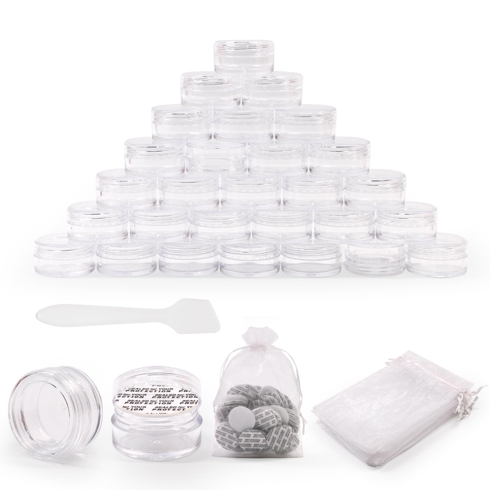 SumDirect 100Pcs 5Gram Clear Empty Cosmetic Containers Jars Sample Pots Bottles, Travel Pots for Cream, Lotion, Lip Balm with Mini Spatula and 10Pcs White Sheer Organza Bags
